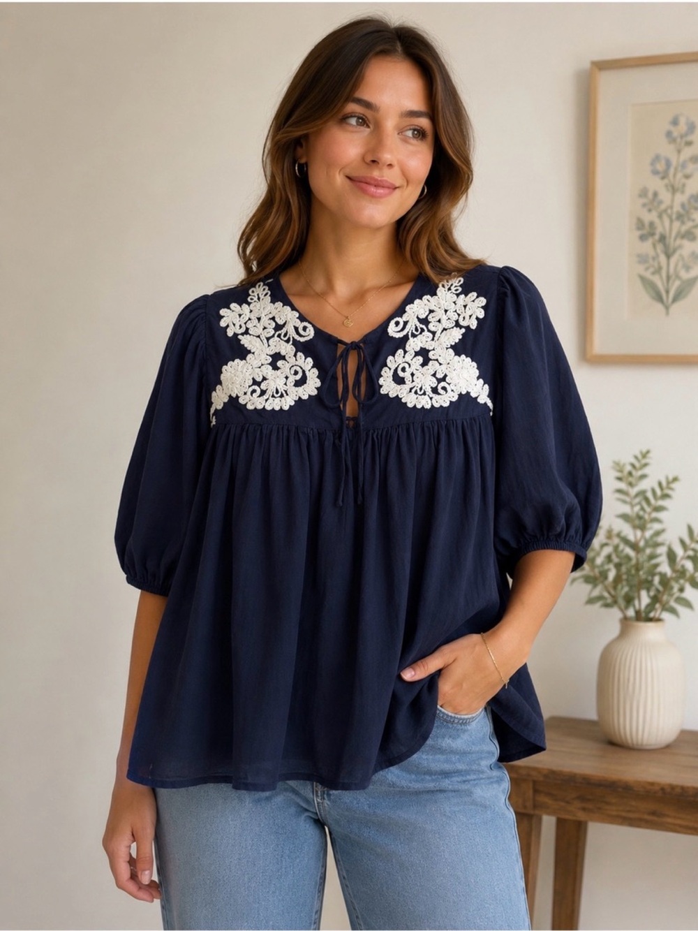 ELIE TAHARI Peasant Babydoll Embroidered Blouse Size M